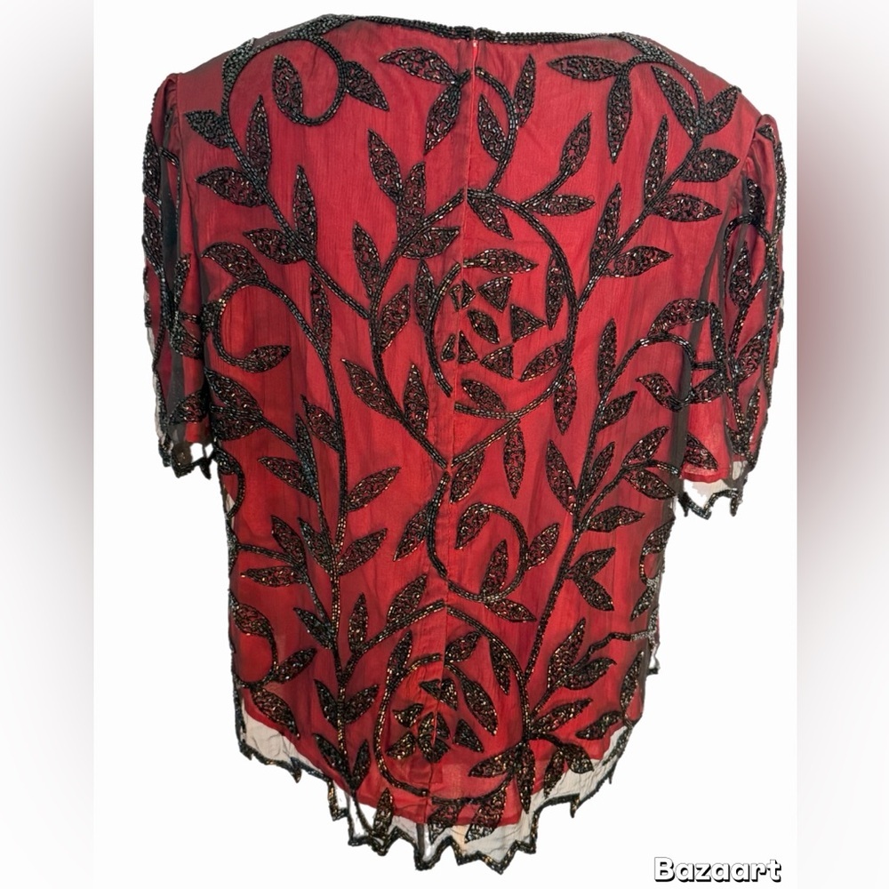100% Silk Red Sheer Blouse Black Beaded Floral Top Scalloped Hem Elegant Large - Picture 4 of 6